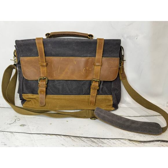 Canvas Navy & Leather Laptop Messenger Bag - Picture 1 of 5